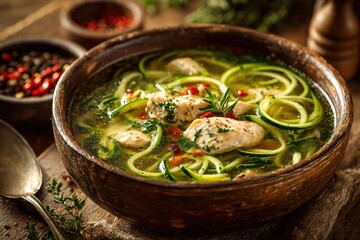 A flavorful chicken and zucchini noodle soup in a wooden bowl, capturing the essence of healthy and comforting homemade cuisine for a wholesome and delicious meal.