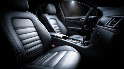 Car interior with leather seats dashboard and steering wheel in dark setting.