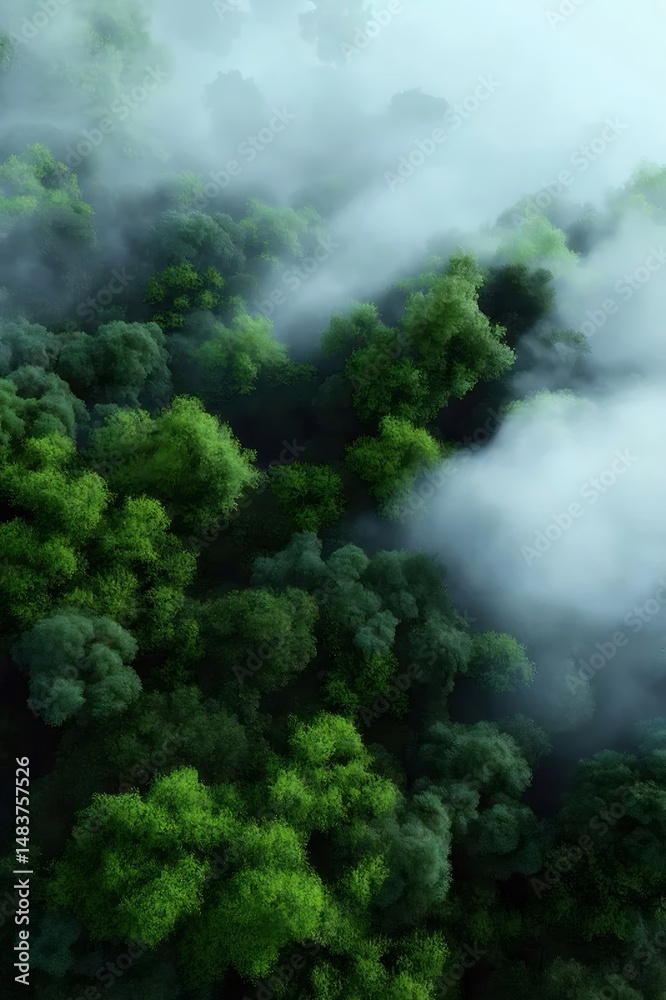 Poster 緑豊かな森林の頂上からの空中写真 穏やかな霧に包まれ 木のパターンが繰り返され 自然の背景として最適