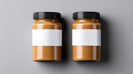 Two jars with blank labels and black lids on a gray background.