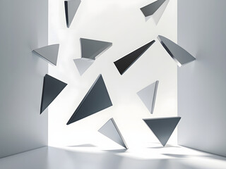 Geometric Dance of Triangles: A mesmerizing display of triangles, each with its unique shade of gray, gracefully poised in a modern space. Light and shadow play together