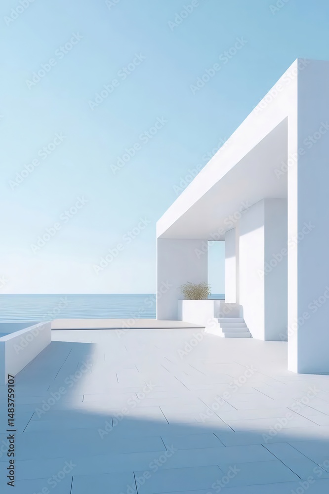 Poster 海の背景に現代的なミニマル白い建物のエクステリアデザイン 幾何学的構造と明るい青空の下のテラス