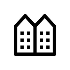 Illustration of two adjacent buildings with pointed roofs and six windows each in a simple black outline