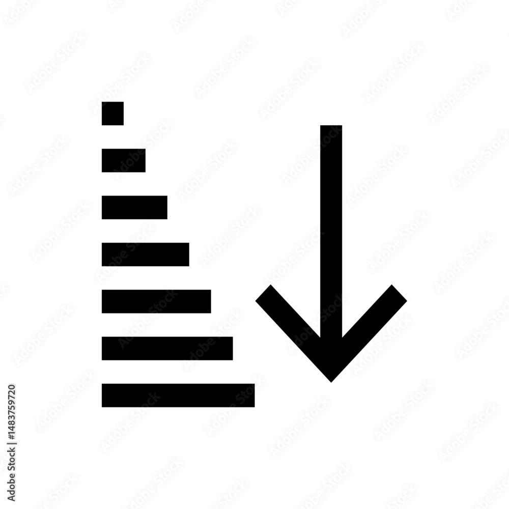 Poster black arrow pointing down next to a series of horizontal bars decreasing in size from bottom to top 