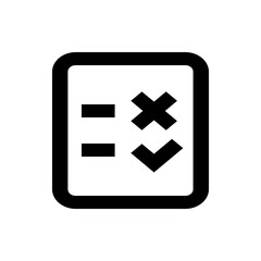 Black and white icon of a checklist with a subtraction sign, multiplication sign, and a checkmark symbol