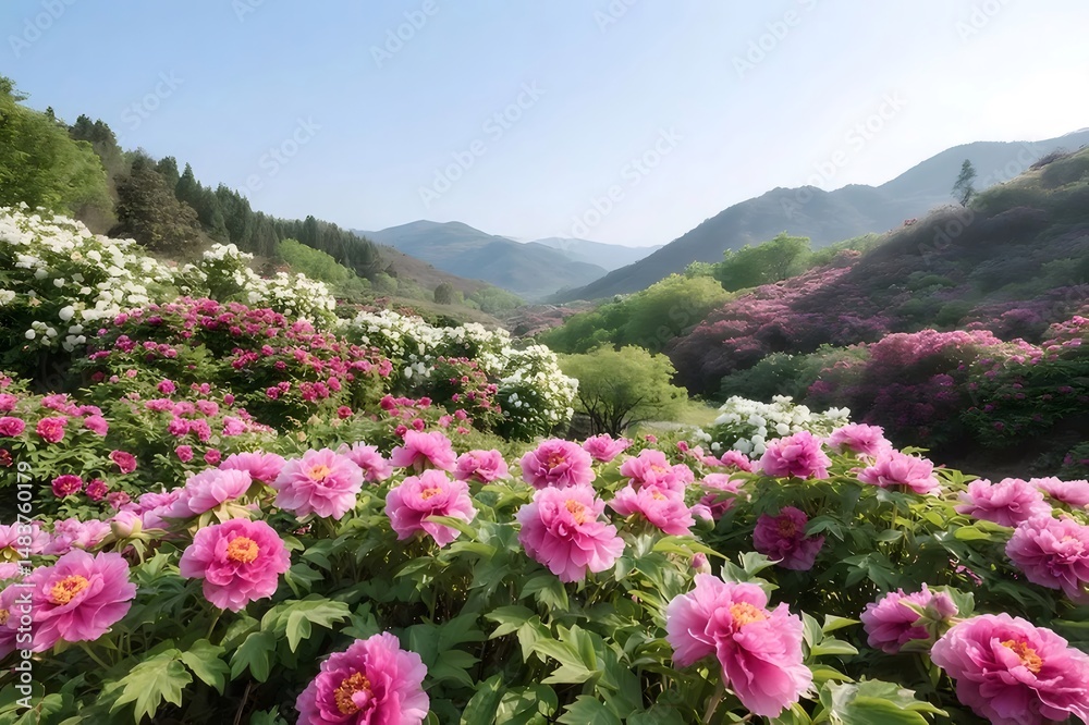 Aufkleber ピンクと白の牡丹が咲く丘陵地の春の風景 美しい山の背景と穏やかな空の下での自然の美しさ