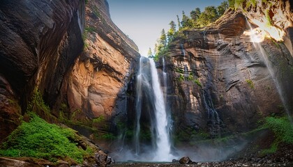 a majestic waterfall cascading down through tall canyon walls