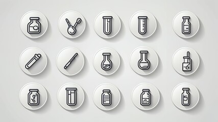 Collection of white circular icons featuring various laboratory glassware and equipment outlines