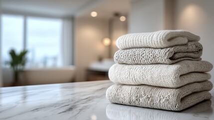 Stack of folded towels on marble surface bathroom background soft neutral colors.