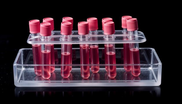 Rack of red liquid blood samples in transparent test tubes with pink caps on black background, symbol of HIV testing and medical diagnostics awareness
