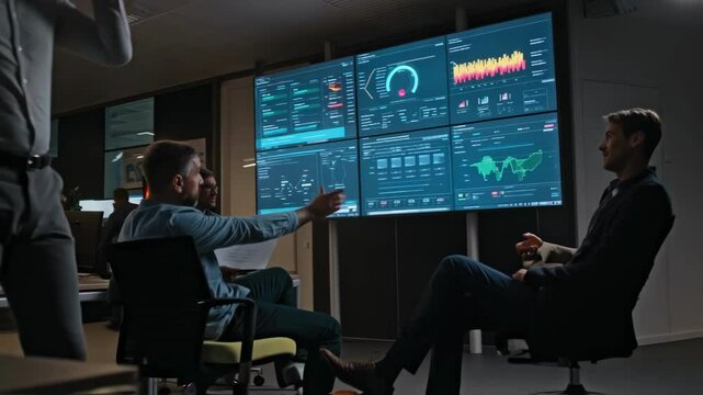 An ambient atmosphere in a modern command center featuring large screens displaying live OEE dashboards with colorful graphs and alerts and a diverse team of operators engaged in strategic