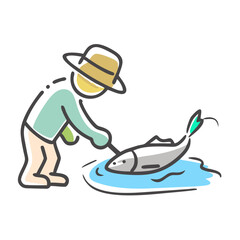 fisherman cleaning a fish icon, fisherman cleaning a fish vector illustration-simple illustration of fisherman cleaning a fish, perfect for fisherman cleaning a fish logos and icons