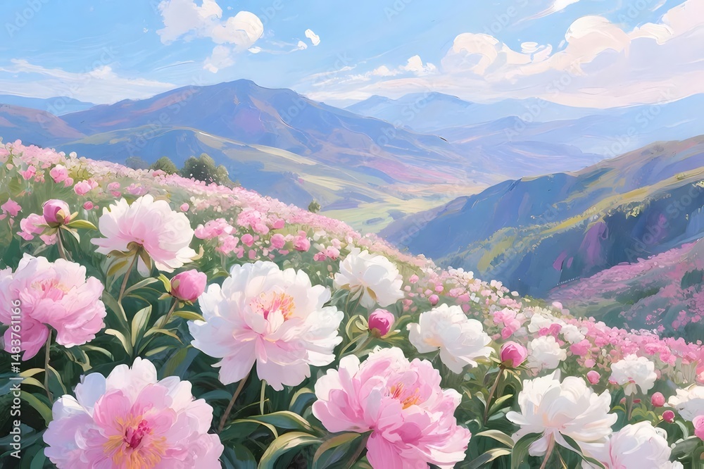 Poster ピンクと白の牡丹が咲き乱れる山岳風景の穏やかな背景 パステルカラーの空の下に広がる春の風景を捉えた水彩画風のイラスト