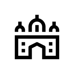 Illustration of a symmetrical building with domes and a central arched entrance in black outline style