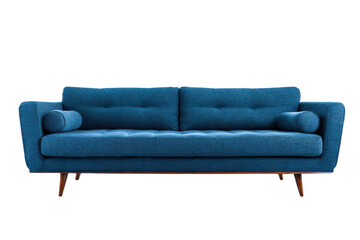 Fototapeta premium Modern blue sofa with tufted cushions and wooden legs on a transparent background vector Stylish couch for living room interior design and home furniture concepts