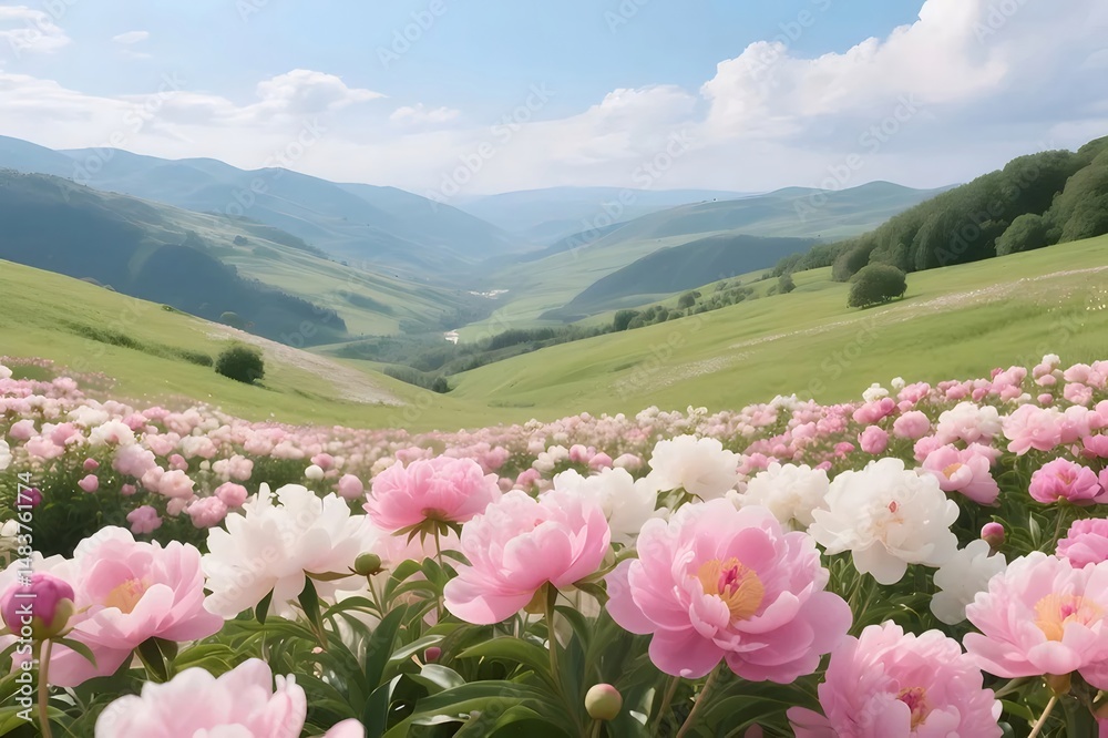 Aufkleber ピンクと白の牡丹が咲き乱れる緑豊かな丘陵地の風景 夏の日の明るい陽射しの中でのどかな草原の眺め