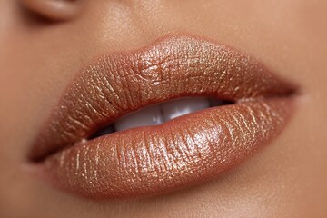 Close-up of woman's lips with shimmering golden bronze lipstick, creating a sensual and glamorous look with high-gloss finish and visible texture.