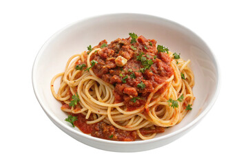 Pasta spaghetti bolognese on transparent bowl, top view. Isolated on a transparent background - generated by ai