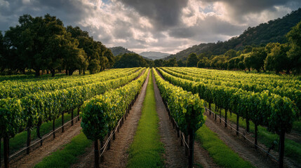 Naklejka premium Lush vineyard stretches across rolling hills under a dramatic sky with clouds at sunset