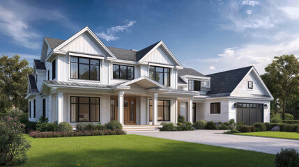 Stunning modern home with elegant architecture surrounded by lush greenery in bright afternoon light