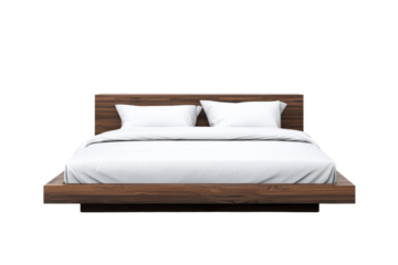 Modern wooden platform bed with white linens on a transparent background vector, showcasing minimalist bedroom furniture and contemporary interior design