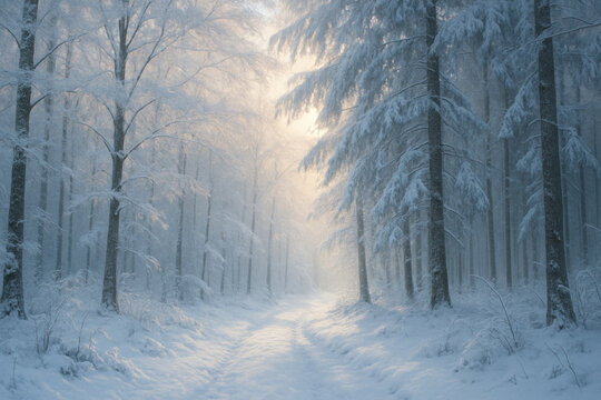 Snowy forest path bordered by snow-covered trees.