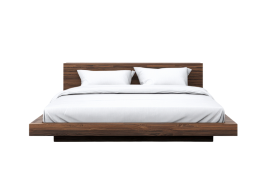 Modern wooden platform bed with white linens on a transparent background vector, showcasing minimalist bedroom furniture and contemporary interior design