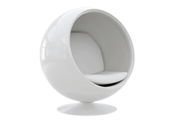 Modern white egg chair with soft cushion, isolated on white background Concept of futuristic furniture, interior design, and comfortable seating