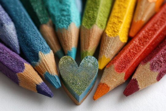 Colorful drawing pencils with heart shaped pencil between them, creating a vibrant and artistic display, ideal for creative projects and educational content and materials. - Powered by Adobe