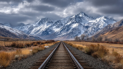 Fototapeta premium Majestic mountains frame a tranquil railway path through a scenic valley at twilight