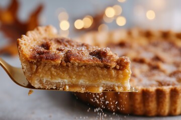 Dripping Butterscotch Cinnamon Pie Slice on Server – Golden Crust Autumn Dessert with Bokeh Lights