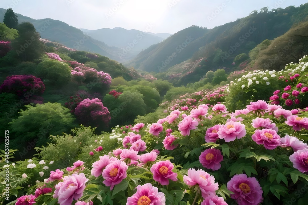 Poster ピンクと白のシャクナゲが咲き誇る緑豊かな山の風景 美しい背景 静かで穏やかな雰囲気の自然景観