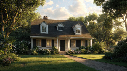 Charming cottage with lush garden in a serene natural setting during golden hour