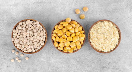 Gluten free lupine flour, dry lupine beans, protein rich snack of pickled lupine beans on white background. Top view.