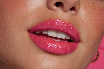 Obraz premium Close-up shot of a woman's face showcasing a perfect smile with pink glossy lipstick, healthy skin, and subtle freckles enhancing her natural beauty, modern makeup.