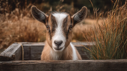 Obraz premium Young goat standing in wooden enclosure surrounded by tall grass in a rural setting during golden hour