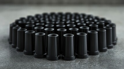 Organized black plastic cylinders