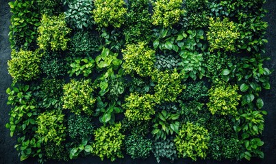 Fototapeta premium Lush green foliage wall, various textures and shades of green leaves create a vibrant, natural backdrop