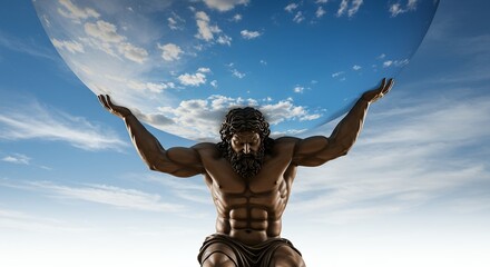 Atlas statue holding globe against cloudy sky