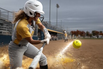 Softball match: athletic contest, bat swing, glove catch, team spirit, field strategy, base slide, pitcher throw, score tally, inning action, sport energy