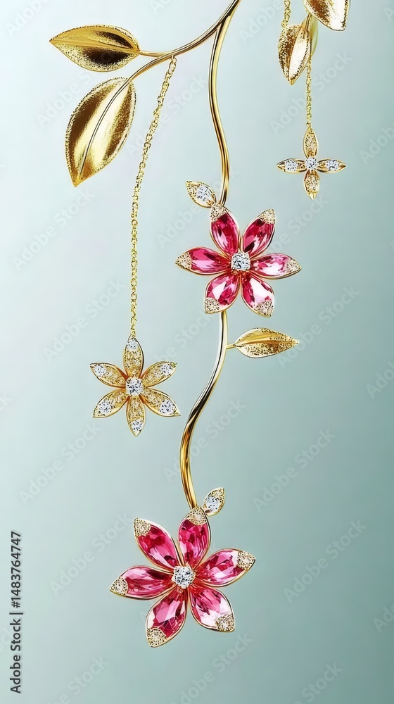 Aufkleber ピンクの花とゴールドの葉の装飾的な吊り下げ飾り、優雅な背景に宝石が散りばめられた優雅なデザイン