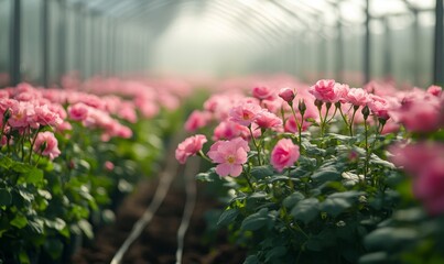 Field of pink roses flowers production under a greenhouse