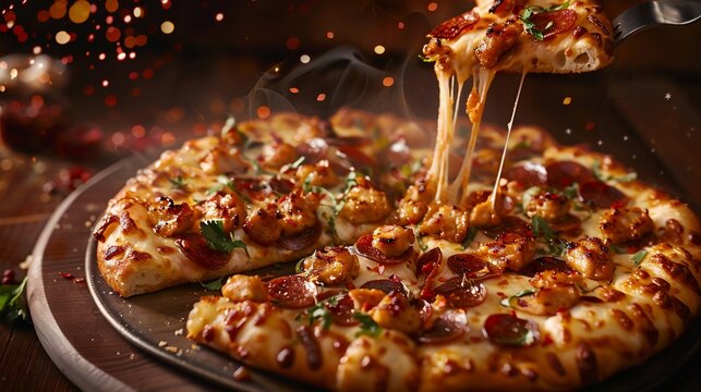 Hot, cheesy pizza with chicken and pepperoni.  Spicy topping