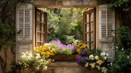 Beautiful window with blooming flowers in a peaceful garden during a sunny day