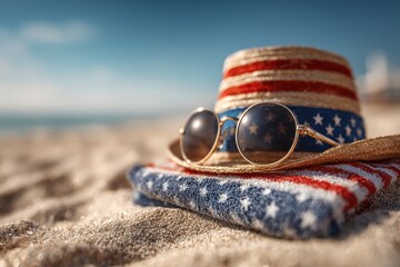Beach scene celebrating the Fourth of July with straw hat, sunglasses and towel featuring the American flag, embodying patriotism and summer vibes.