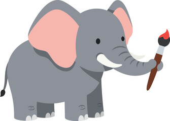 Obraz premium Elephant holding paintbrush creative art animal character illustration in simple style 
