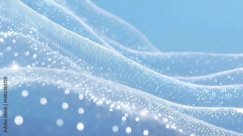 Poster 水色の背景に浮かぶ輝く粒子と滑らかな抽象的な波 テクノロジーと未来的なデザイン
