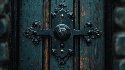 Ornate antique door latch on weathered wood