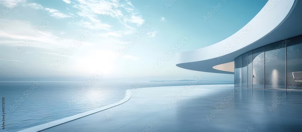 Poster ターコイズの海と空を望むモダンな白い建築デザイン 曲線的なテラスとガラスの壁が特徴的なコンクリート構造の建物