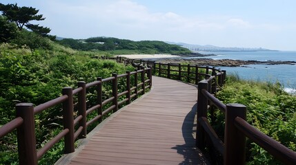 Obraz premium Scenic Coastal Wooden Walkway Path Ocean View